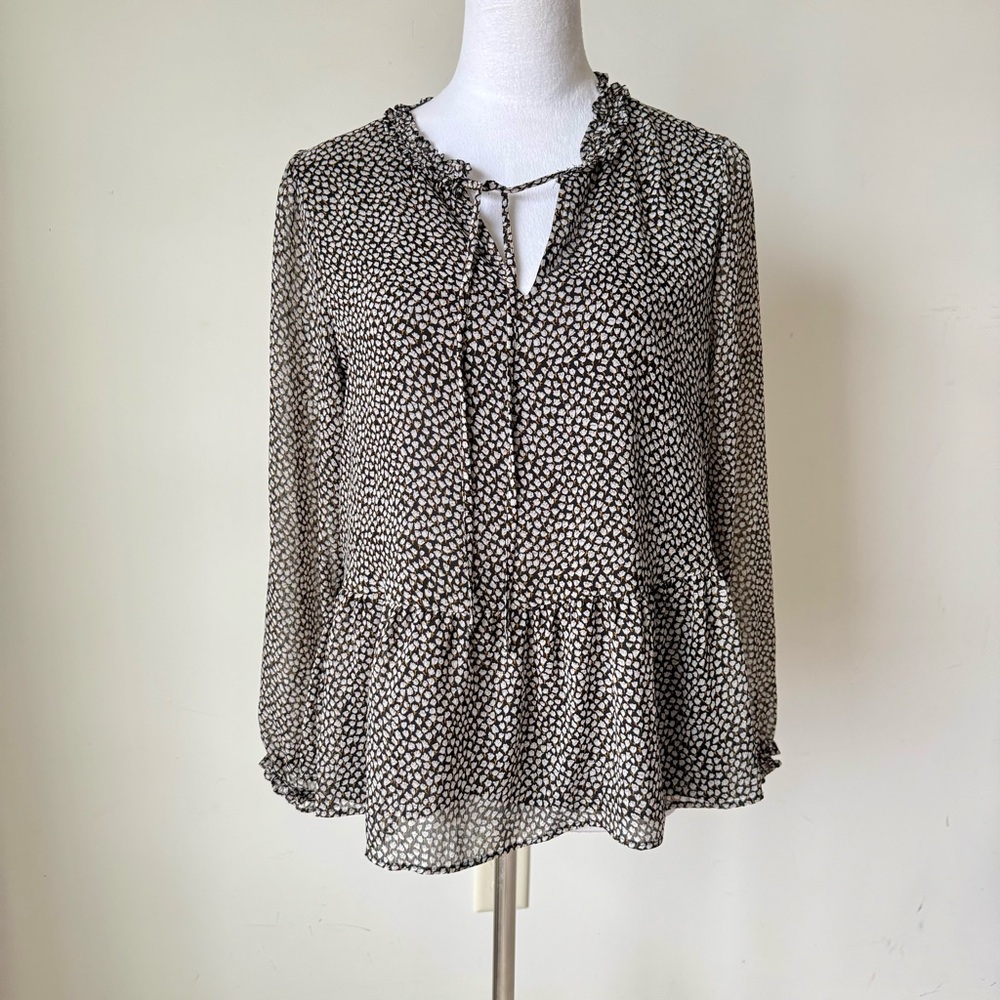 LOFT Petite Ditsy Floral Keyhole Tie Peplum Blouse—SZ. MP